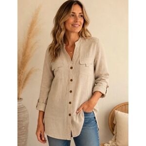 Van Heusen Studio Women's Beige Linen Blend Button Down Tunic 3/4 Sleeve Top M